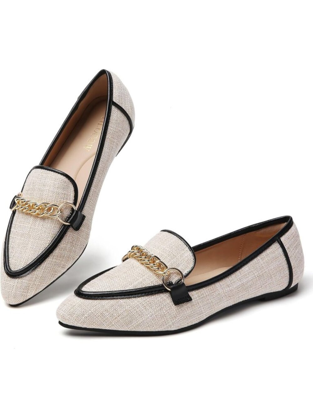 Women's Off-White Comfortable Metal Chain Pointed Toe Slip on Fashion Flat Shoes